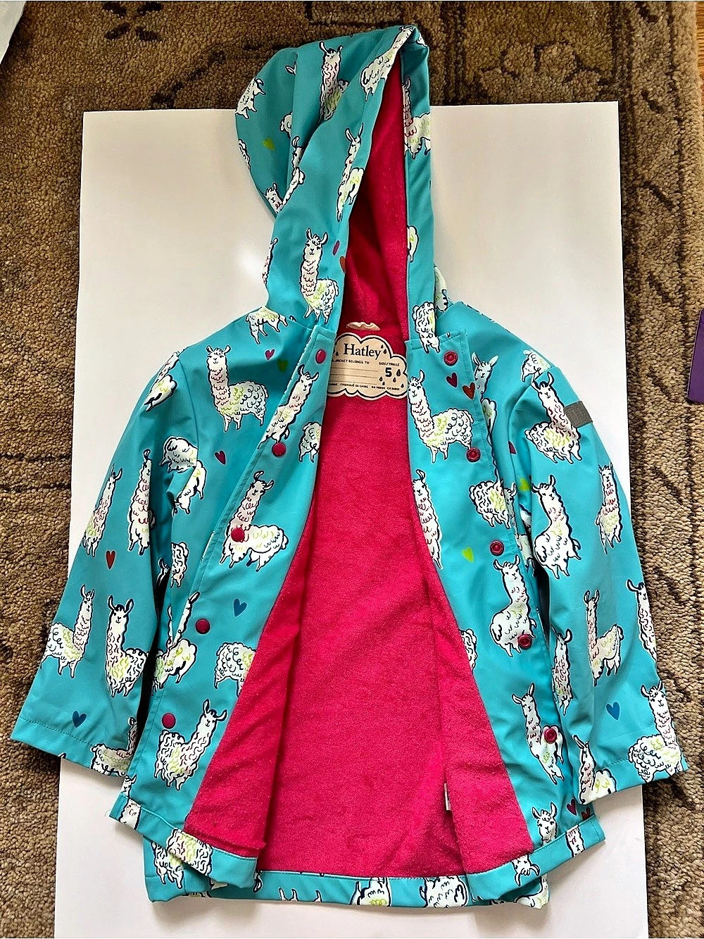 Hatley Llamas Raincoat Girls Hooded Llama Raincoat Blue & Pink Size 5 Like New